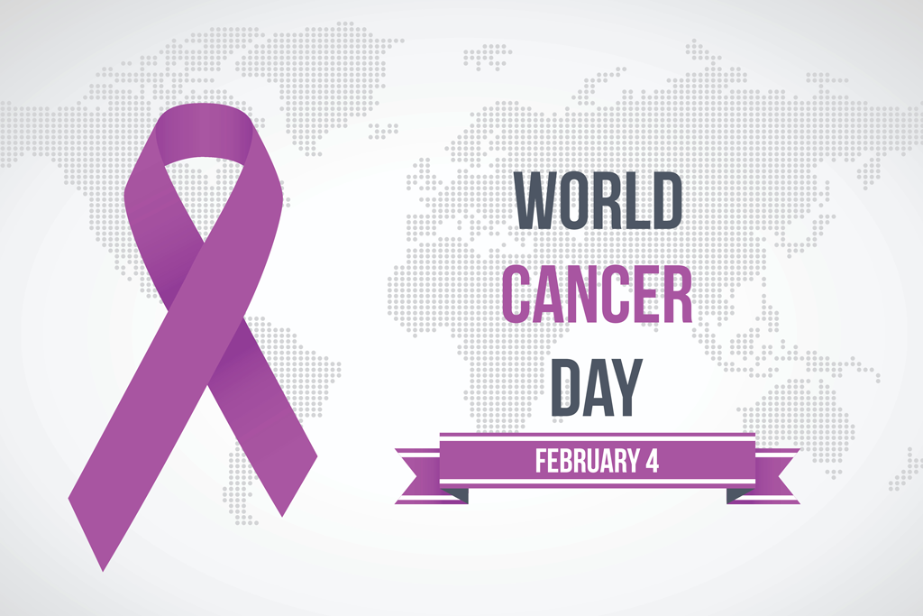 world cancer day with purple ribbon on world map