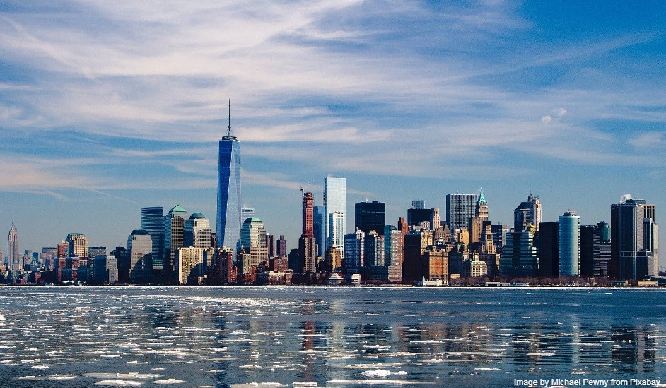 A colored image of NYC skyline from the sea