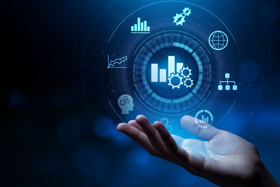 Hand showing different technology elements